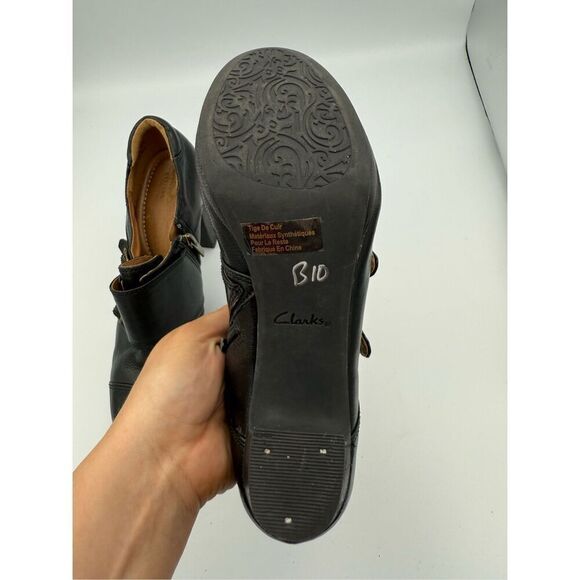 Clarks Flyrt Fancy Womens Black Monk Strap Leather Heel Ankle Booties Size 10 - Picture 7 of 9
